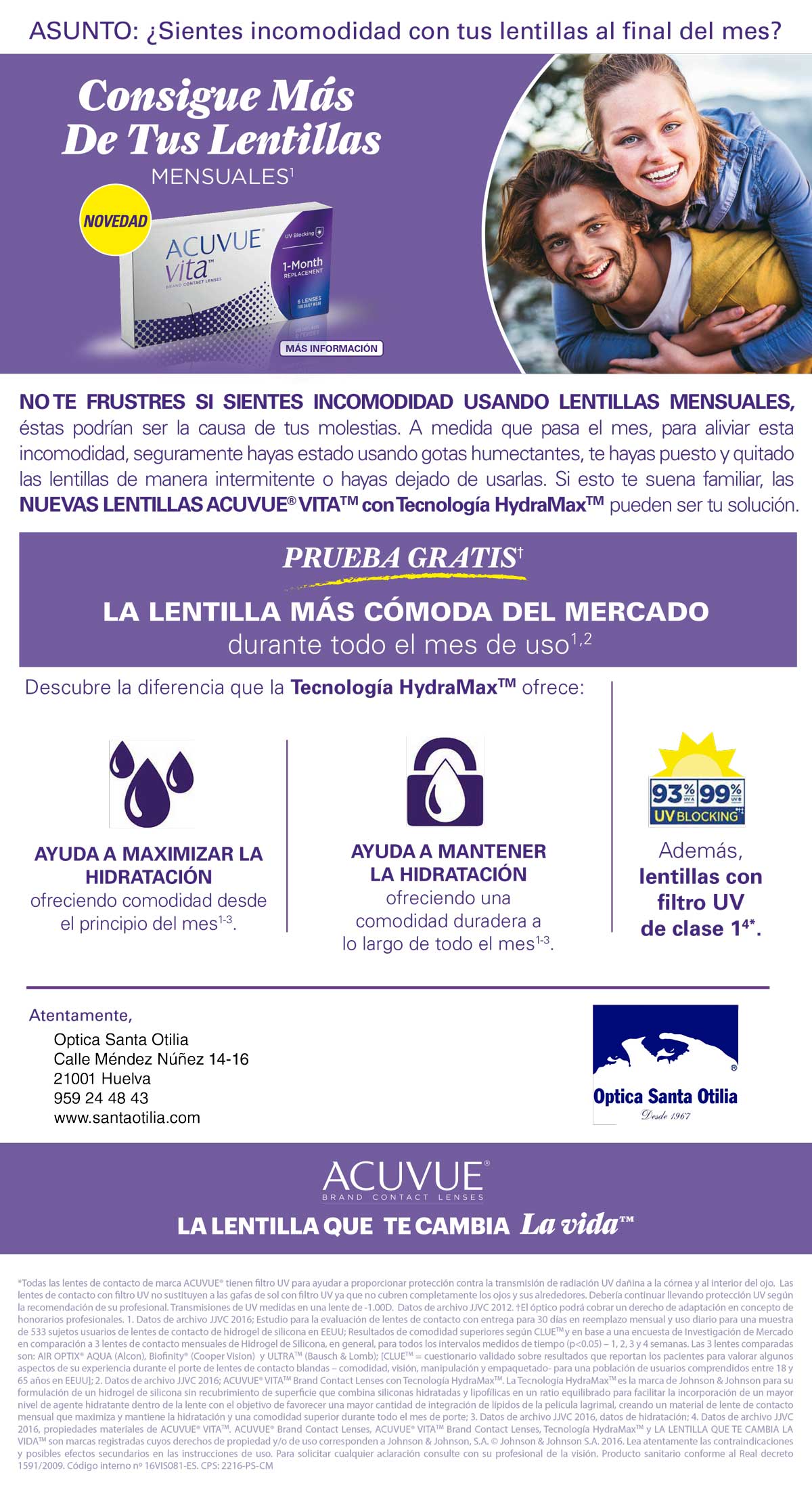 Lentillas ACUVUE VITA con tecnología hydramax en Óptica Santa Otilia en Huelva